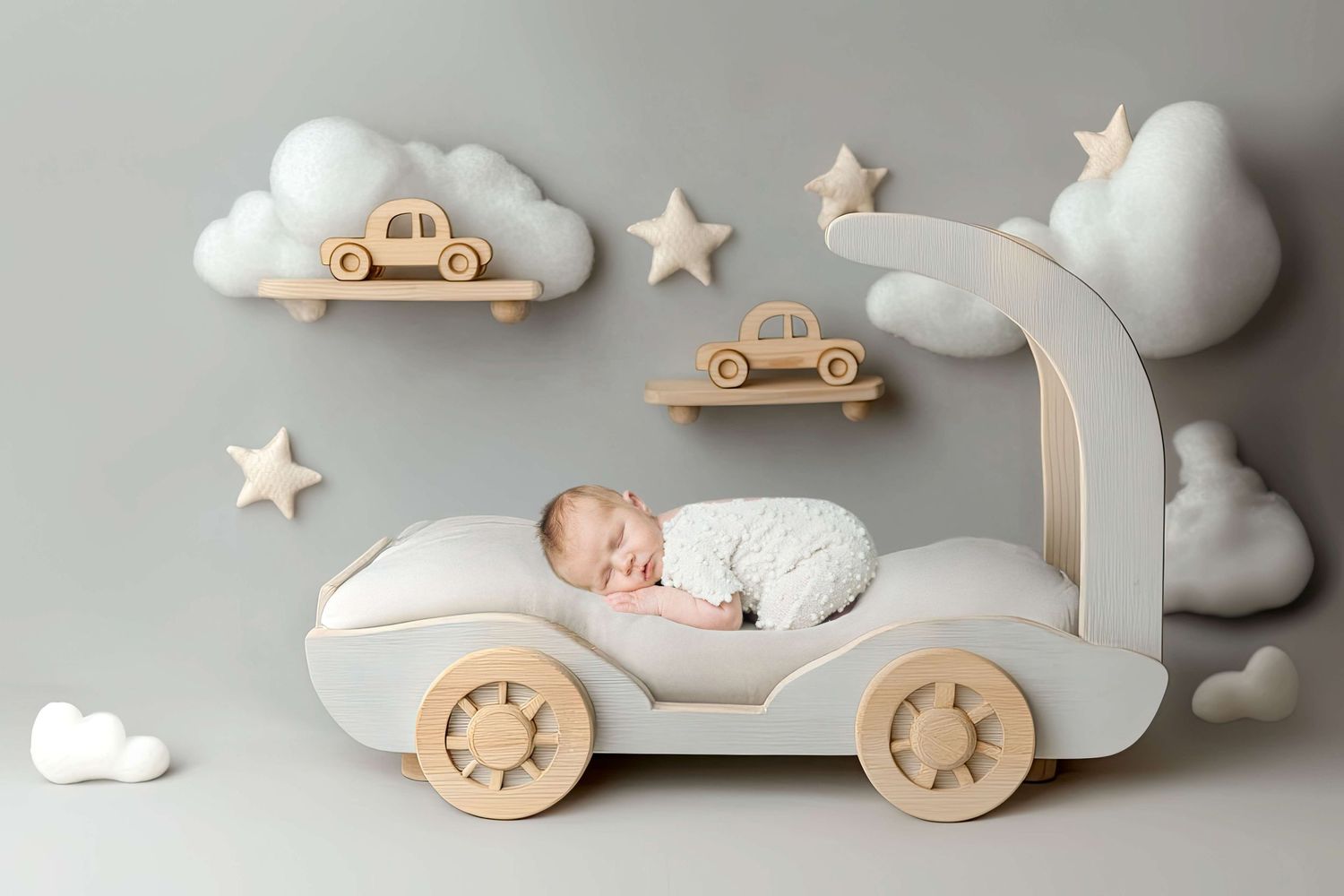 Newborn baby sleeping in a wooden toy car bed with cloud and star decorations on a gray nursery backdrop.