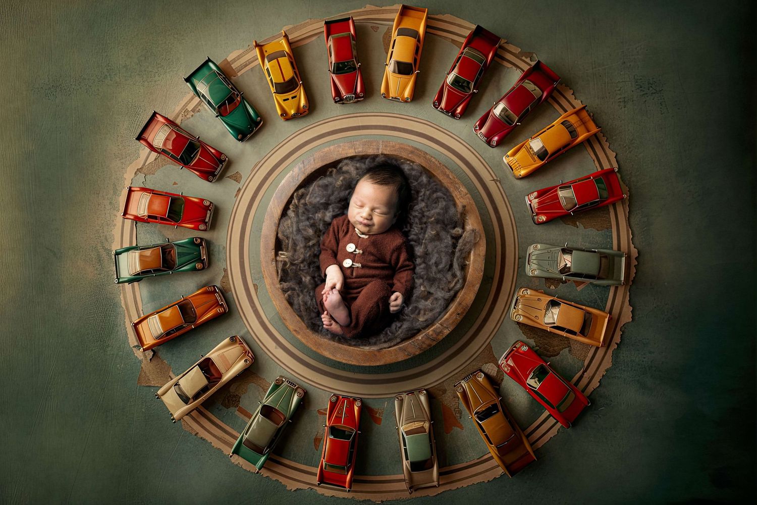 Newborn baby sleeping in a circular arrangement of colorful vintage toy cars on a green background.