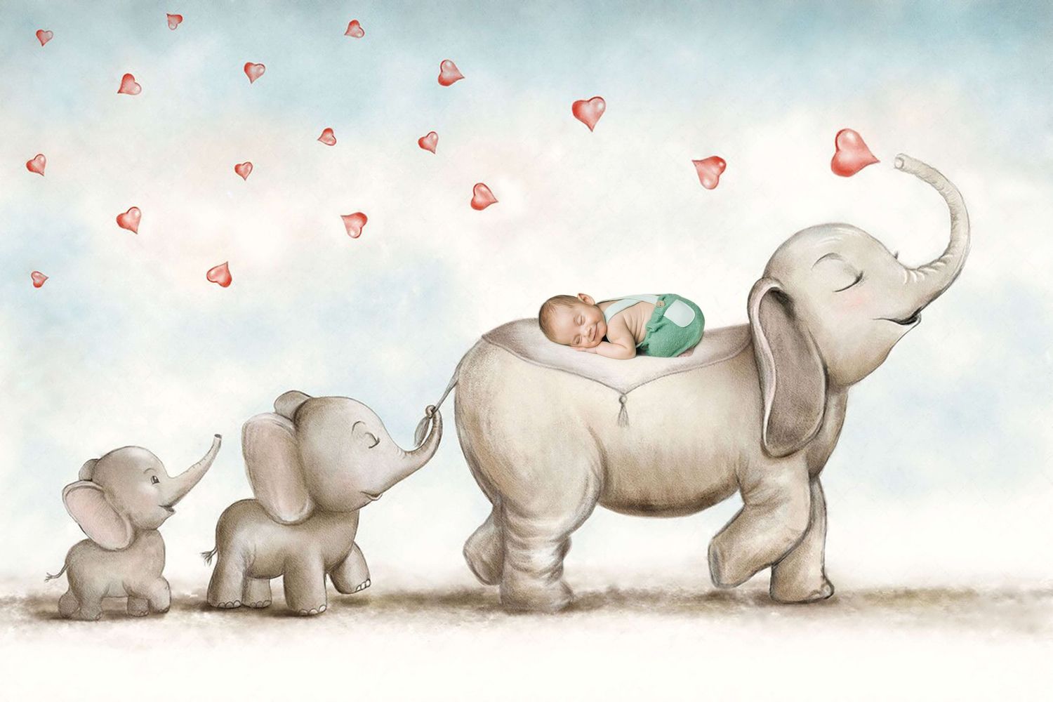 Watercolor illustration of three elephants walking with a sleeping baby on the middle elephant, surrounded by floating red hearts.