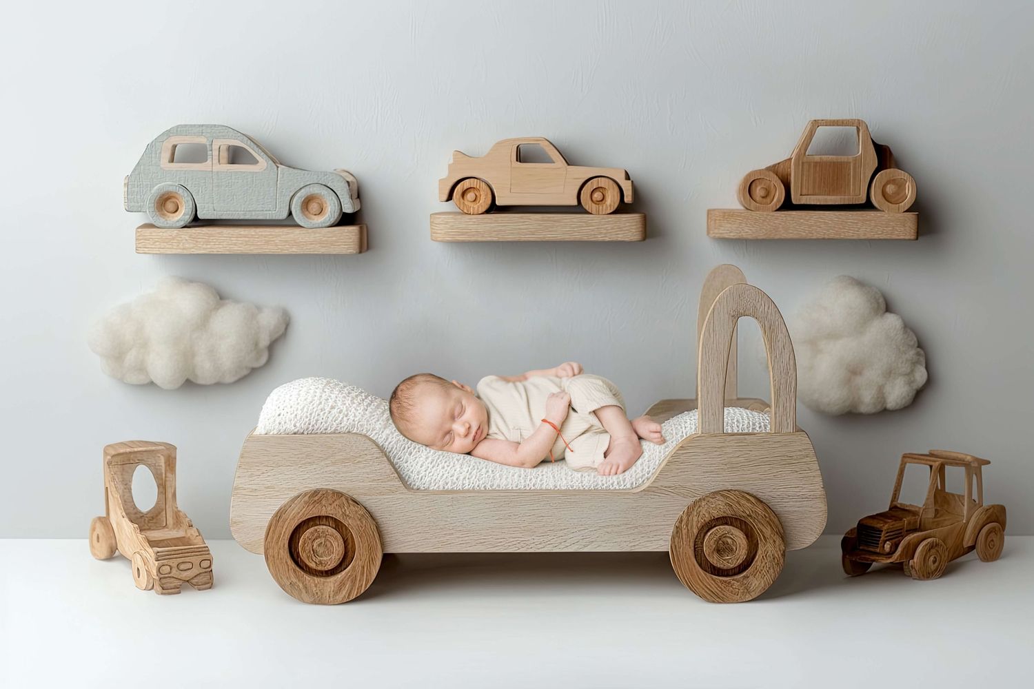 Newborn baby sleeping in a wooden toy car prop surrounded by wooden vehicles and cloud decor in a nursery-themed studio.