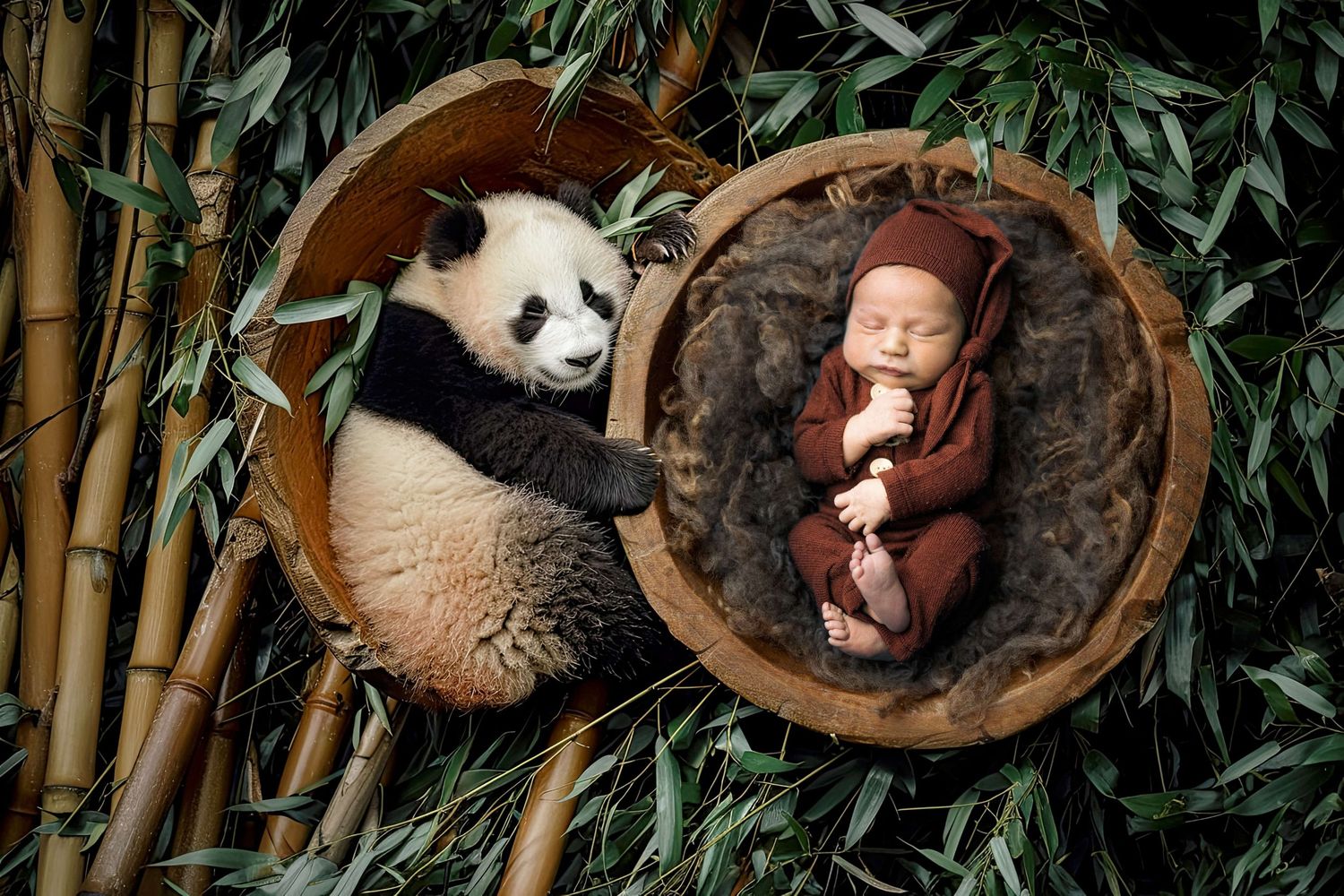 Newborn baby in brown outfit sleeping in wooden bowl beside a giant panda cub among bamboo leaves.