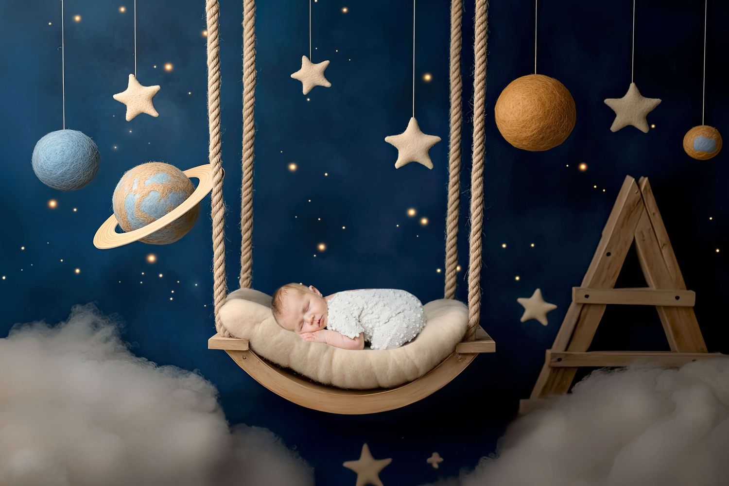 Newborn baby sleeping on a rope swing surrounded by hanging planets and stars against a dark blue backdrop.