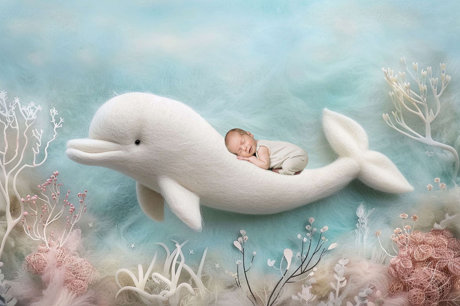 A sleeping newborn baby rests on a white beluga whale amid soft coral and aquatic plants in a dreamy underwater scene.