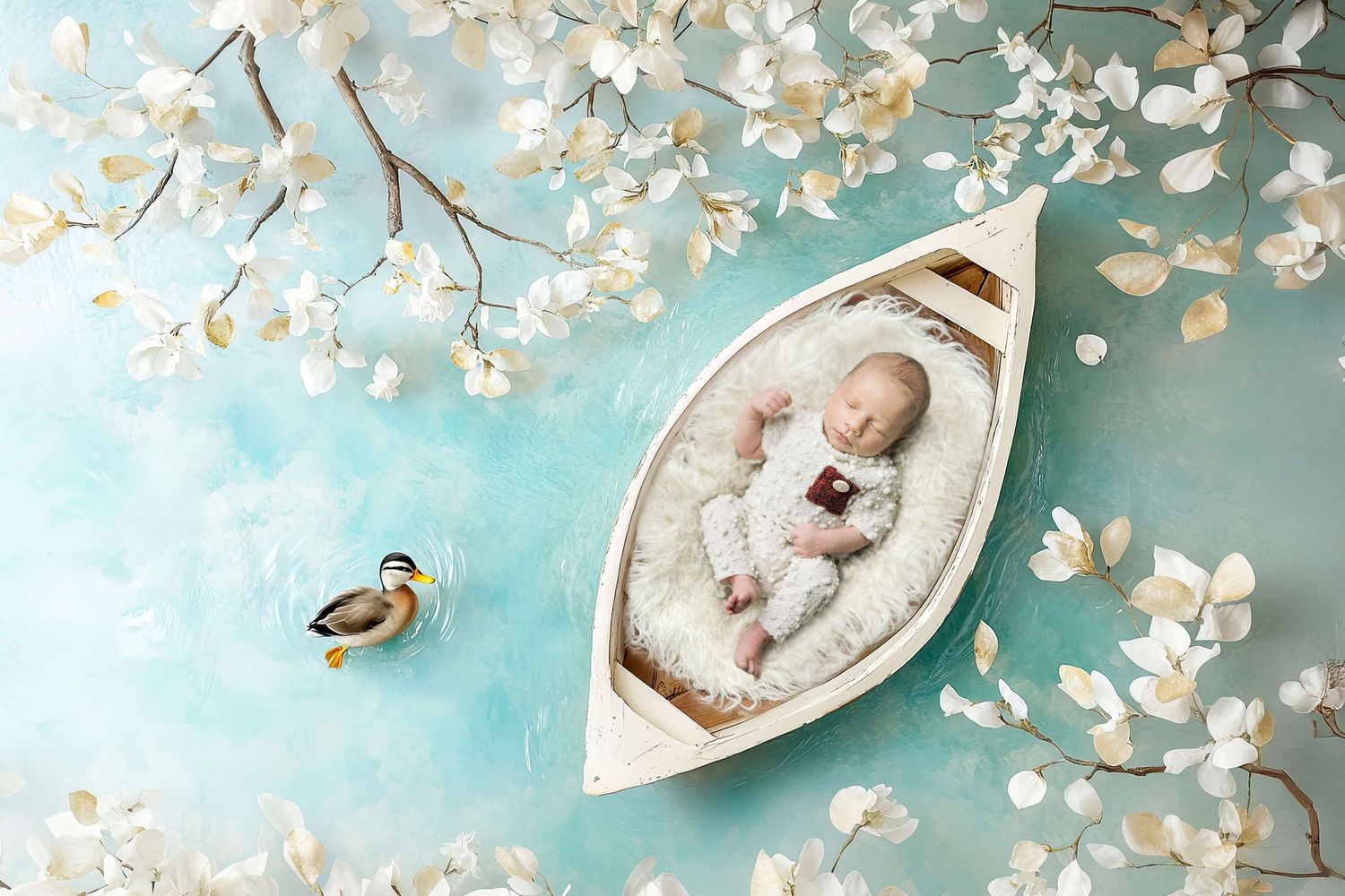 Newborn baby sleeping in a white wooden boat surrounded by white flowers and a duck on a teal background.