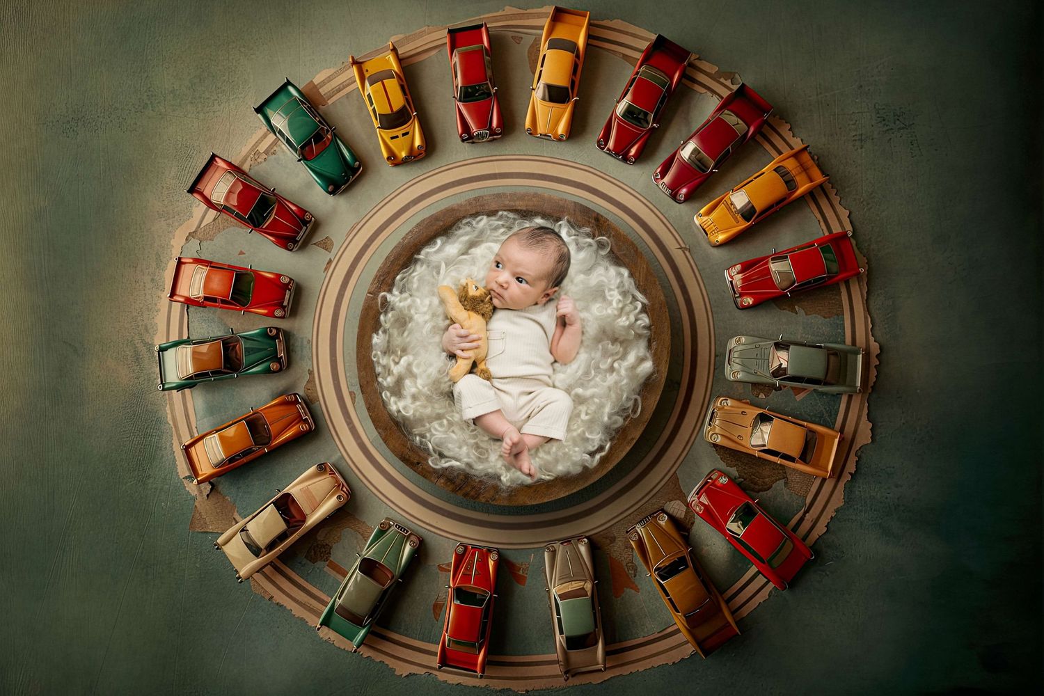 Baby lying in a circular arrangement of colorful vintage toy cars on a fluffy white backdrop.