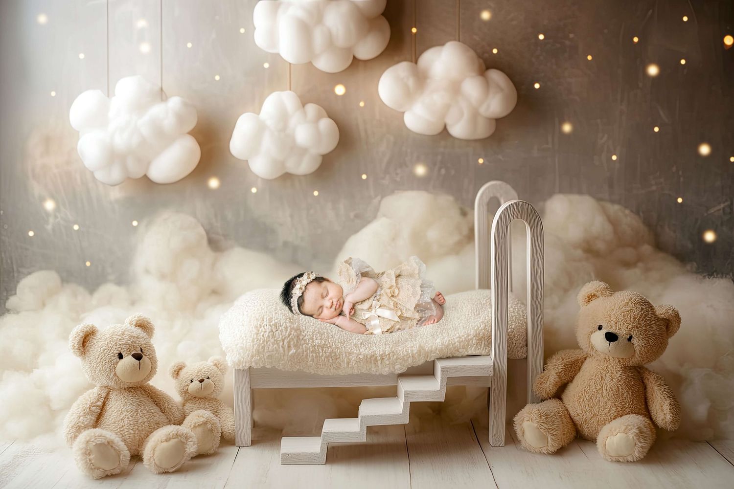 Newborn baby sleeping on a tiny white bed surrounded by fluffy clouds, teddy bears, and twinkling stars in a dreamy nursery.