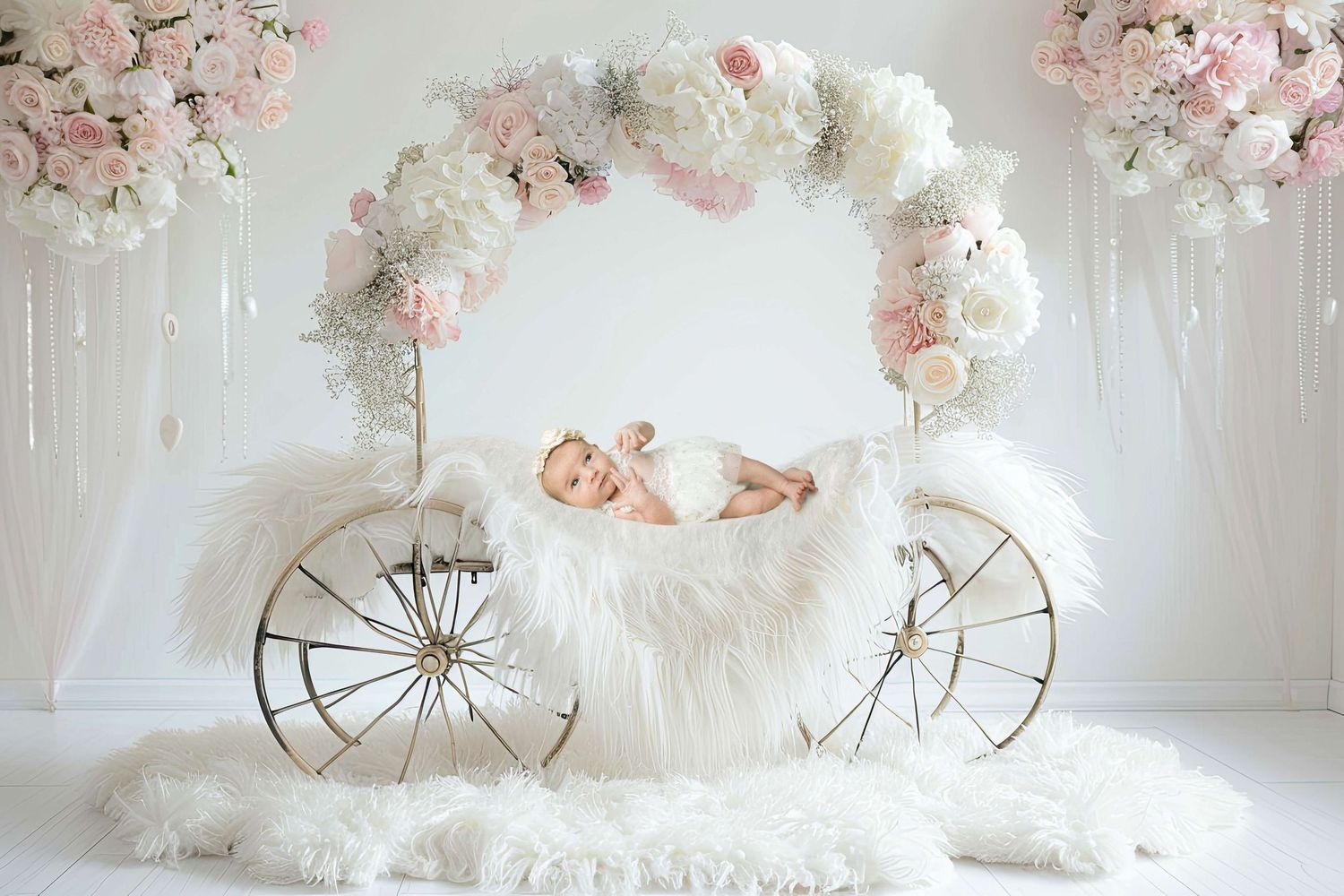 Newborn baby sleeping in a white fluffy carriage-shaped bed adorned with pink and white flowers.