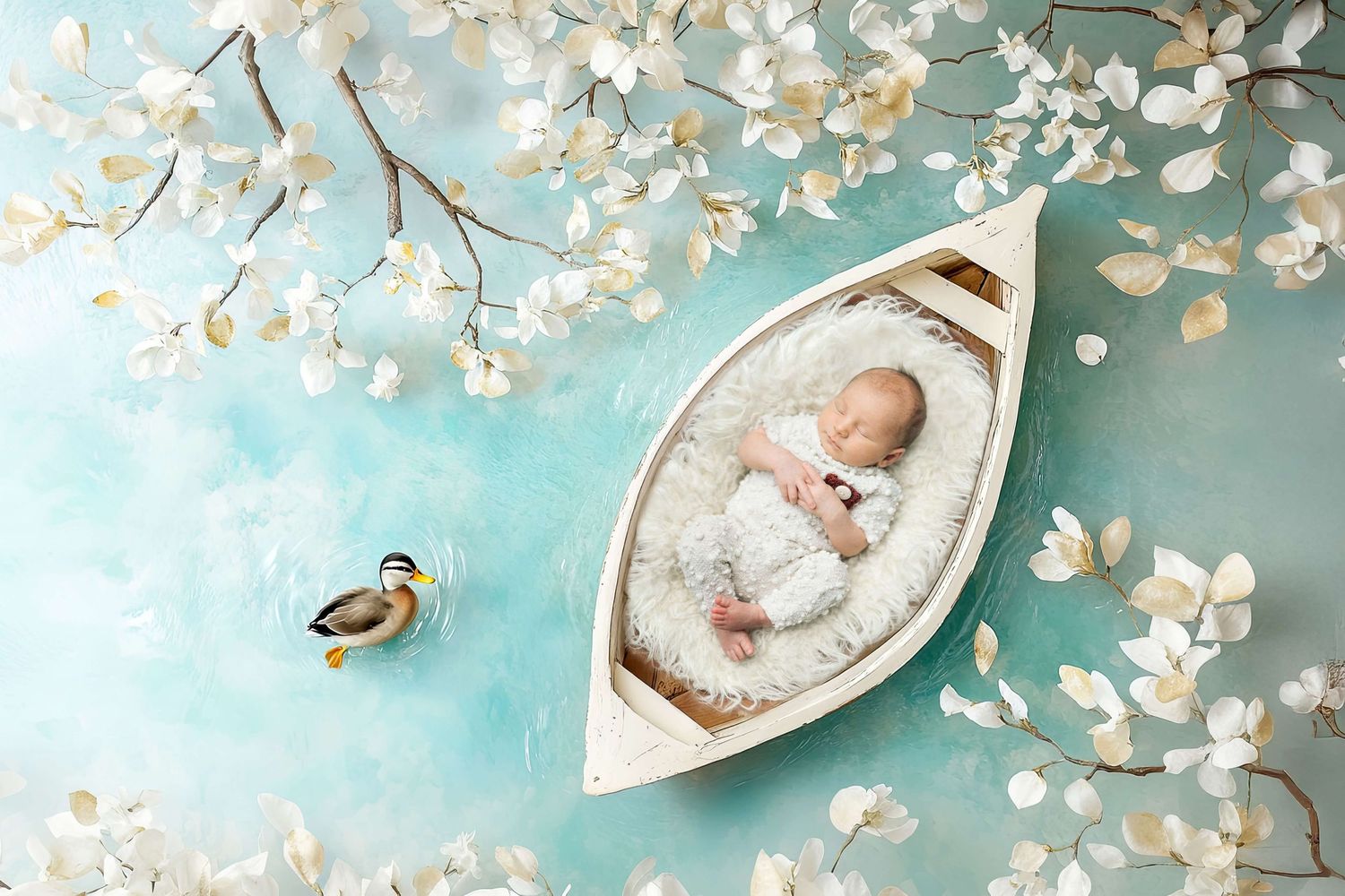 Sleeping newborn baby in white boat with duck and white flowers on teal background.