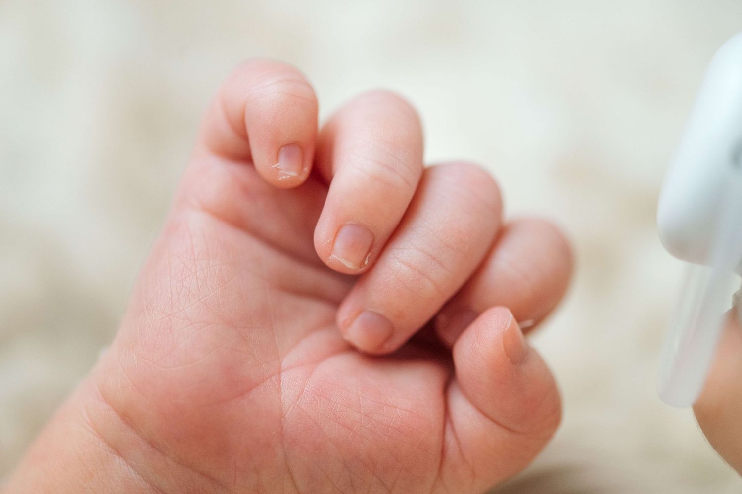 Close-up of a newborn baby's tiny hand with delicate fingernails, gently curled near a white object.