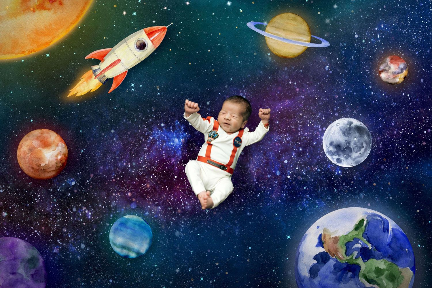 A smiling baby in an astronaut suit floats among planets, stars, and a rocket in a colorful outer space scene.