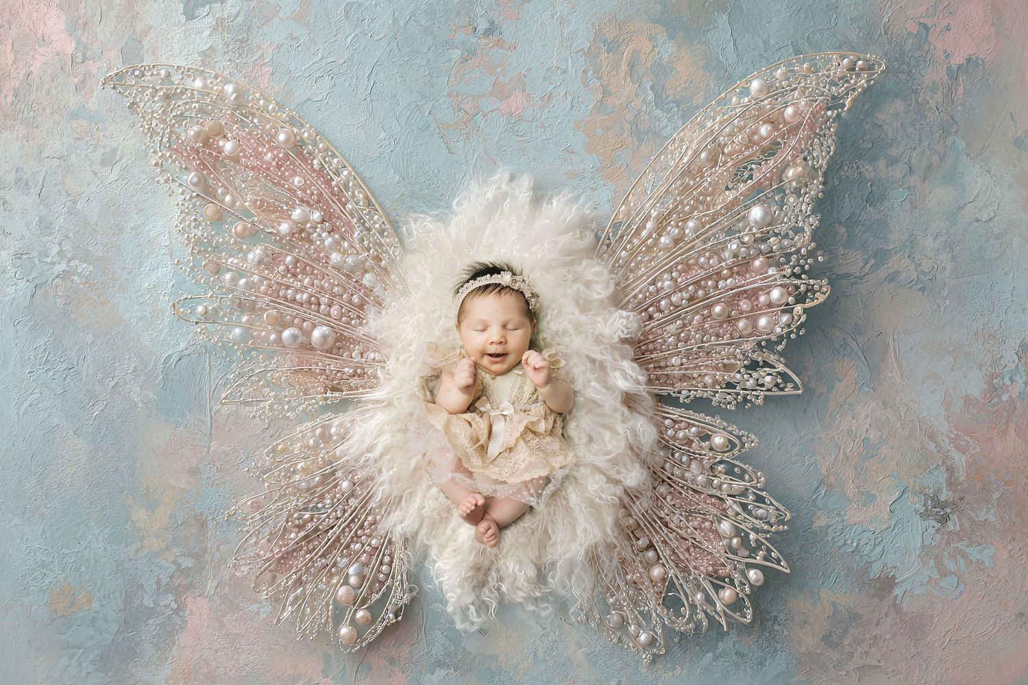 Newborn baby posed as a fairy angel with sparkly butterfly wings and white feathers in a dreamy pastel photo.