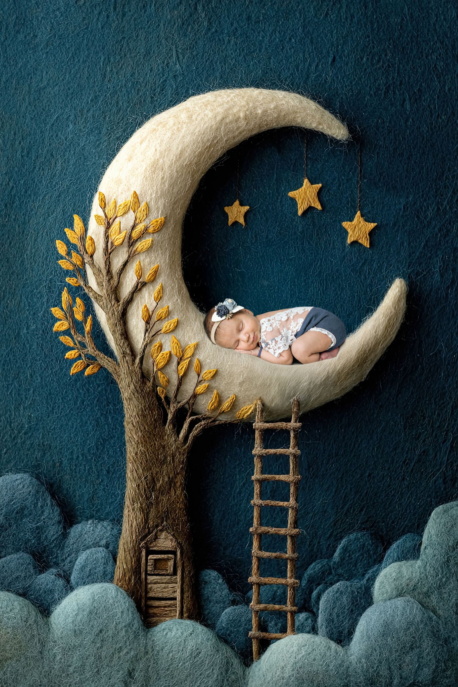 Newborn baby sleeping on a crescent moon with a tree, ladder, stars, and clouds in a dreamy fantasy scene.
