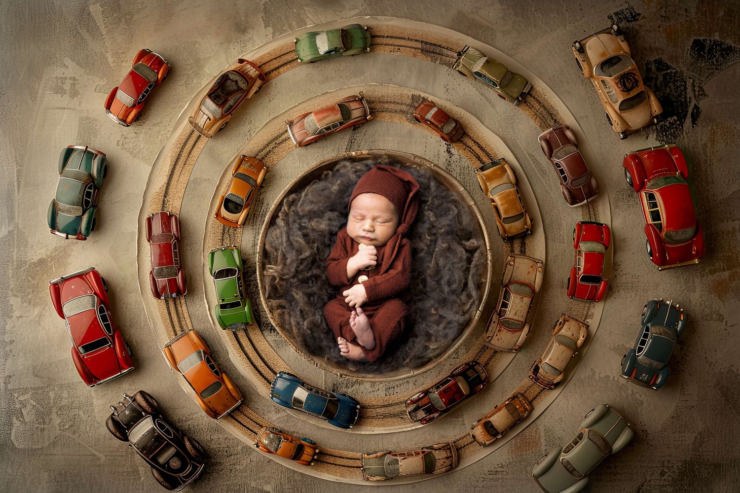 Newborn baby in brown wrap posed in wooden bowl surrounded by colorful toy cars arranged in circles.