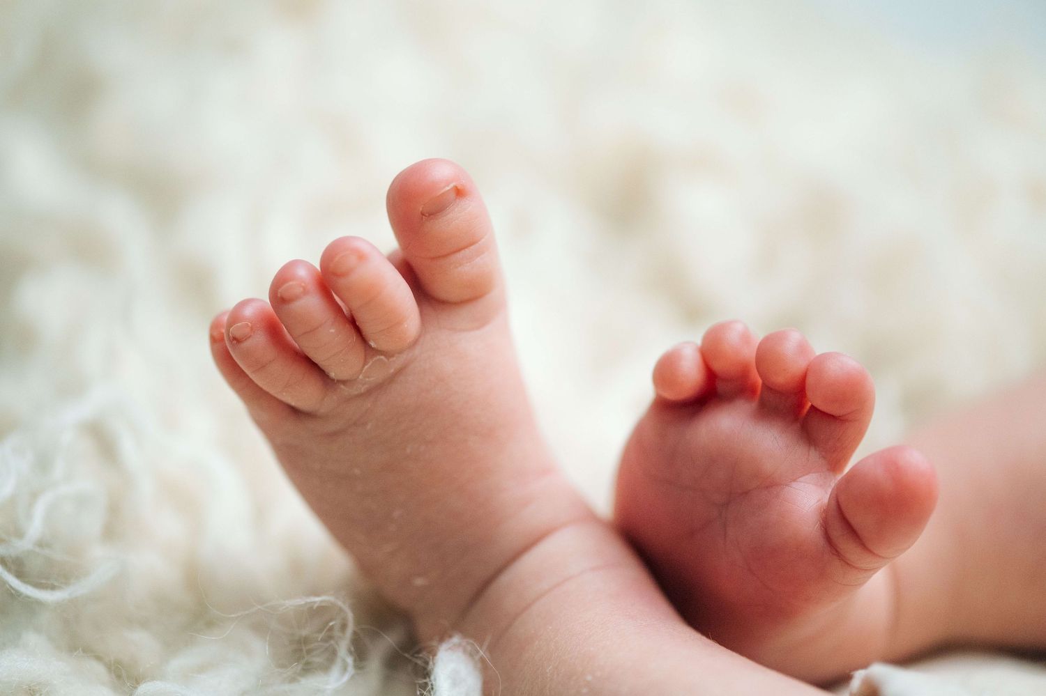Close-up of newborn baby feet resting on a soft white fluffy blanket.