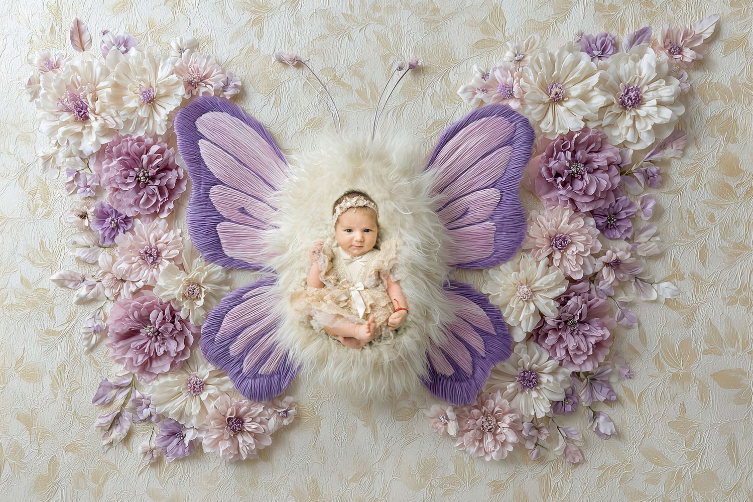 Baby girl posed in a large floral butterfly arrangement with purple and white flowers for a newborn photography session.