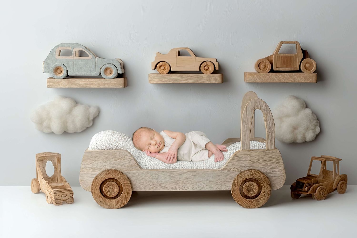 Newborn baby sleeping peacefully in a wooden toy truck bed surrounded by toy cars and cloud decor.