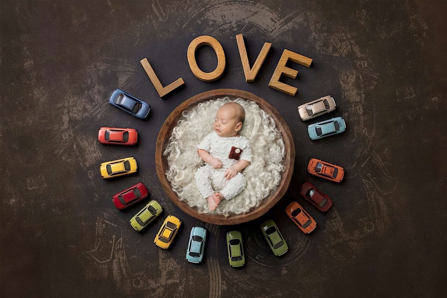 Newborn baby sleeping in wooden bowl surrounded by toy cars with LOVE letters above, creative photography.