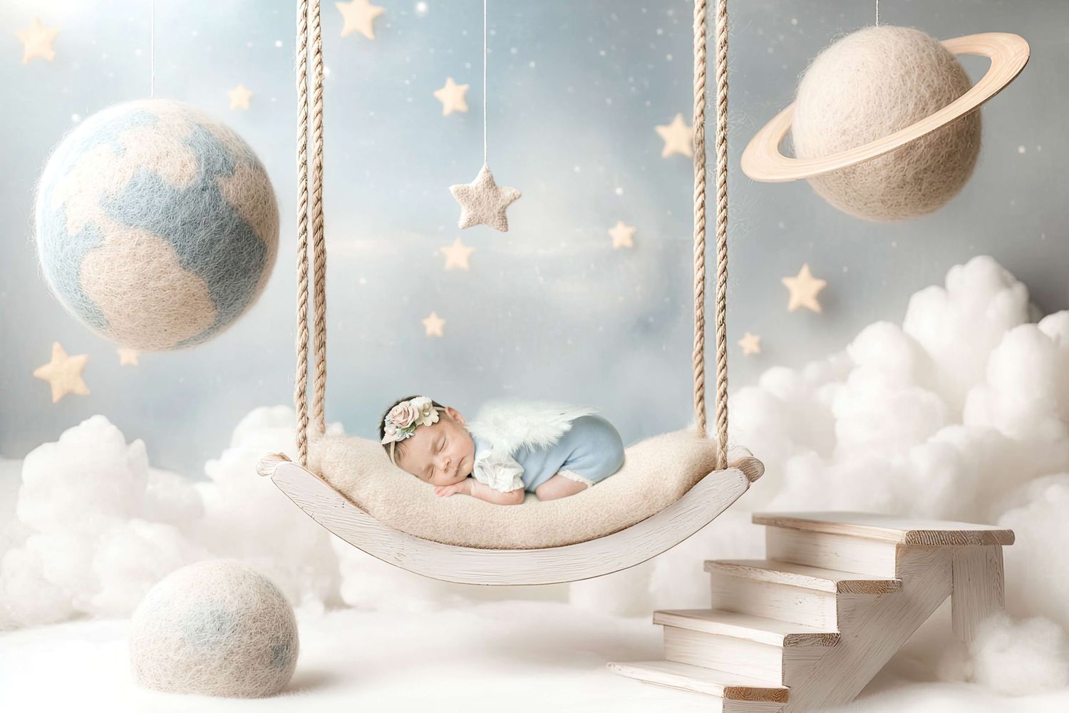Newborn baby sleeping peacefully in a hammock swing surrounded by pastel planets, stars, and fluffy clouds.
