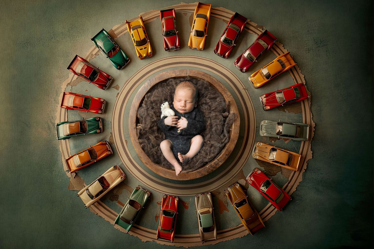 Newborn baby lying in a circular arrangement of vintage toy cars on a green background in a creative photo.