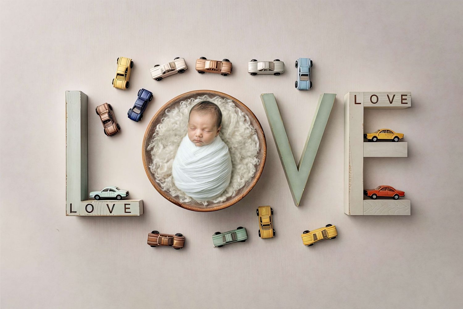 Newborn baby wrapped in white swaddle sleeping in bowl surrounded by toy cars and LOVE letters on beige background.
