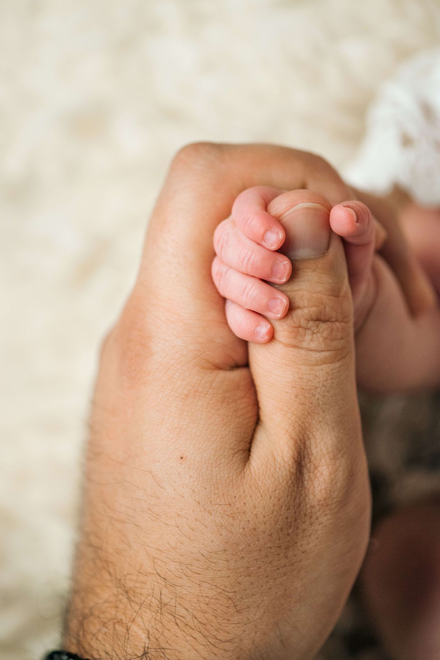 Newborn baby hand gripping adult finger, close-up of tiny infant fingers holding parent's thumb.