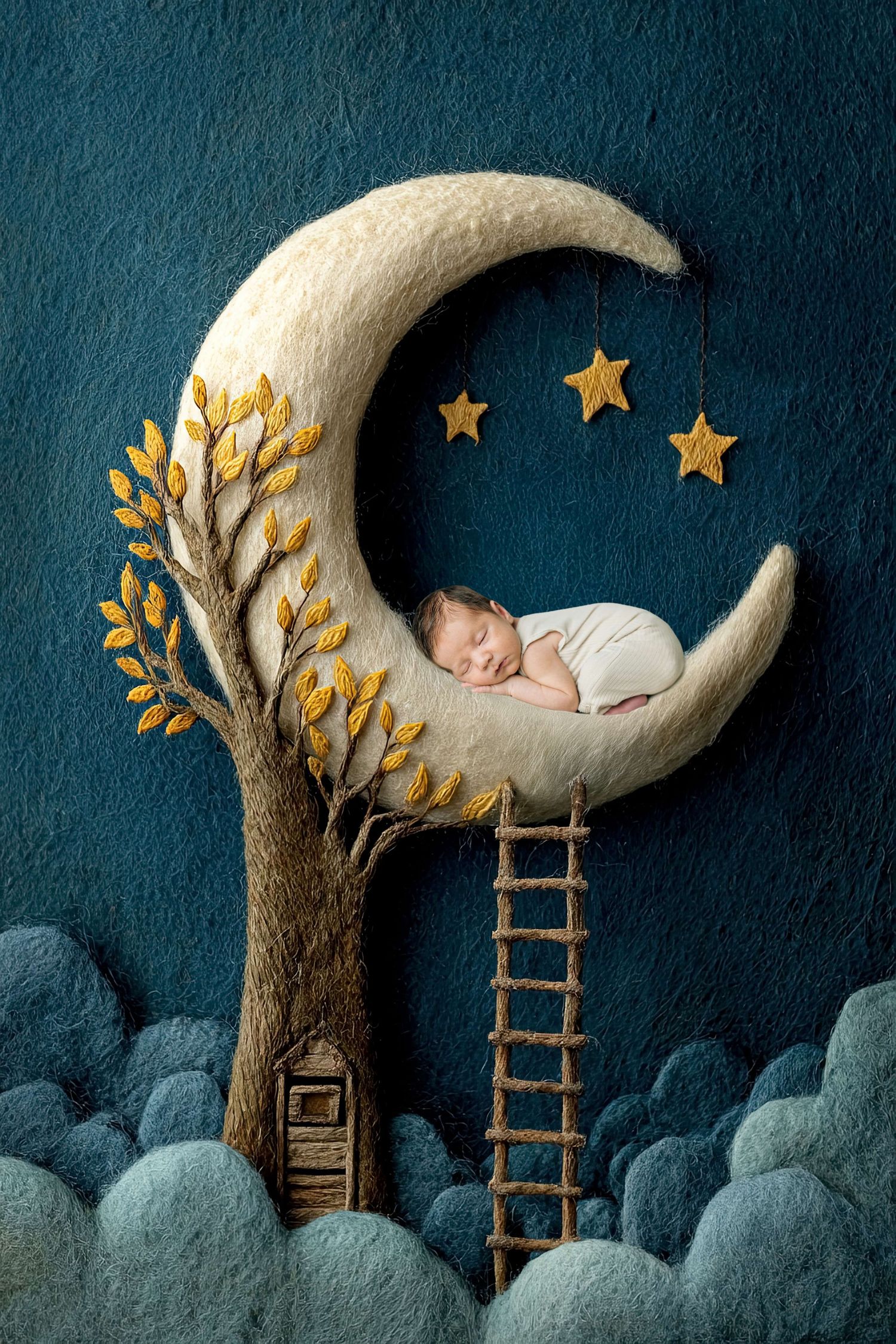 A sleeping newborn baby rests on a crescent moon with stars, beside a felt tree with a ladder below.