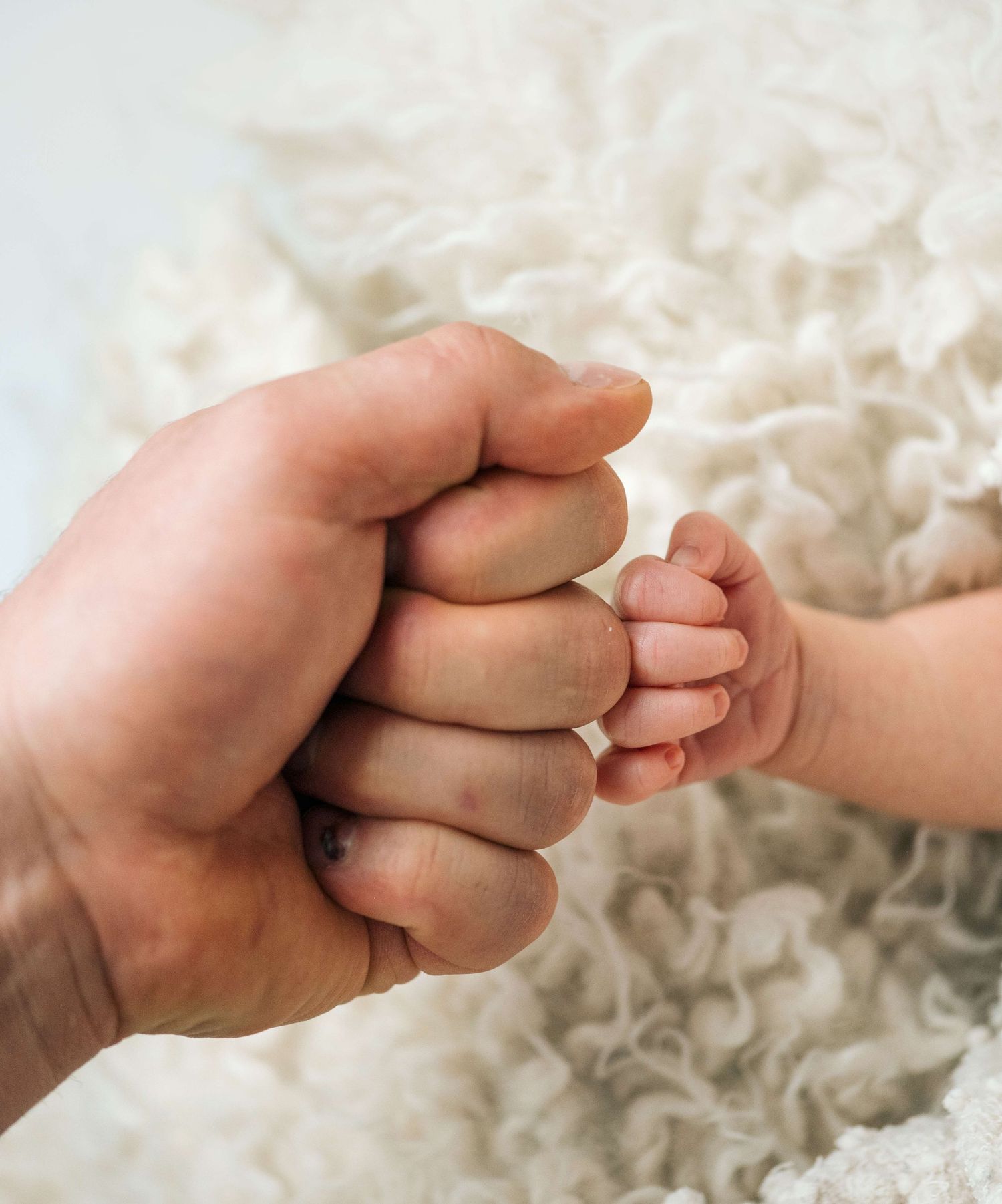 A large adult hand gently fist-bumping a tiny newborn baby's hand on a soft white blanket.