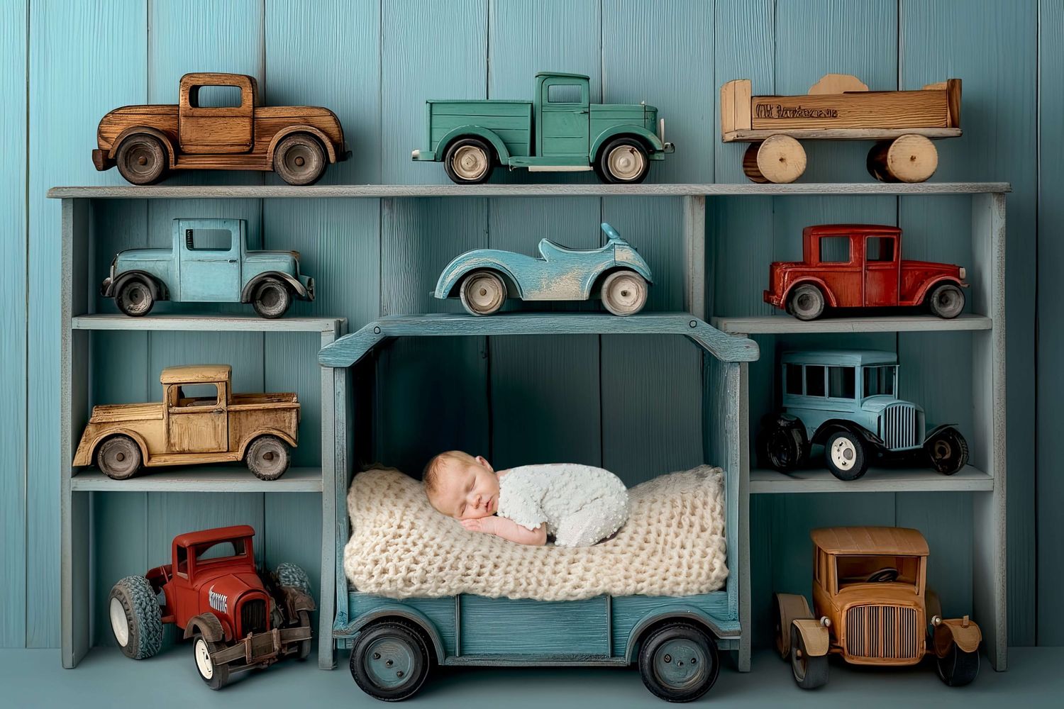 Baby sleeping peacefully in a toy wooden car bed surrounded by vintage wooden toy trucks on blue shelves.