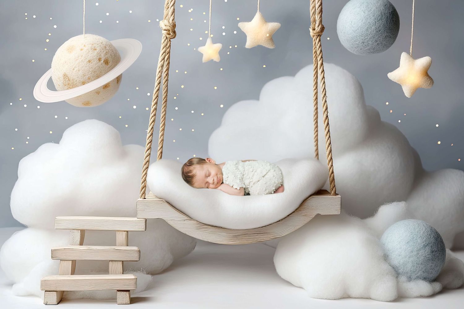 A newborn baby sleeps peacefully in a dreamy cloud swing surrounded by stars and planets in a whimsical nursery setting.