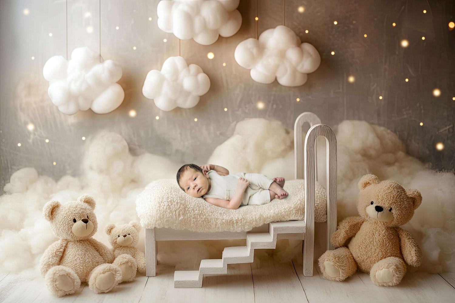 Newborn baby sleeping on white miniature bed surrounded by teddy bears and hanging cloud decorations with twinkling lights.
