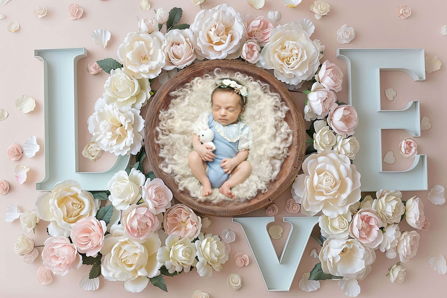 Newborn baby sleeping in wooden bowl surrounded by white and pink roses with LOVE letters on pink background.