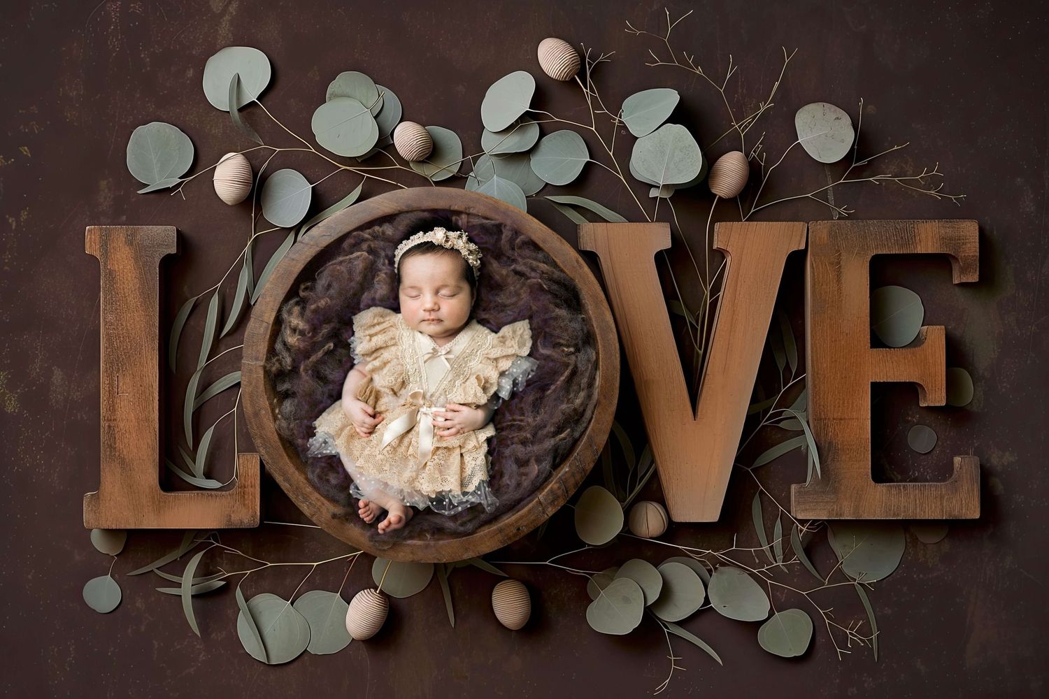 Newborn baby girl in cream dress sleeping in wooden bowl surrounded by LOVE letters, eucalyptus, and eggs on brown backdrop.
