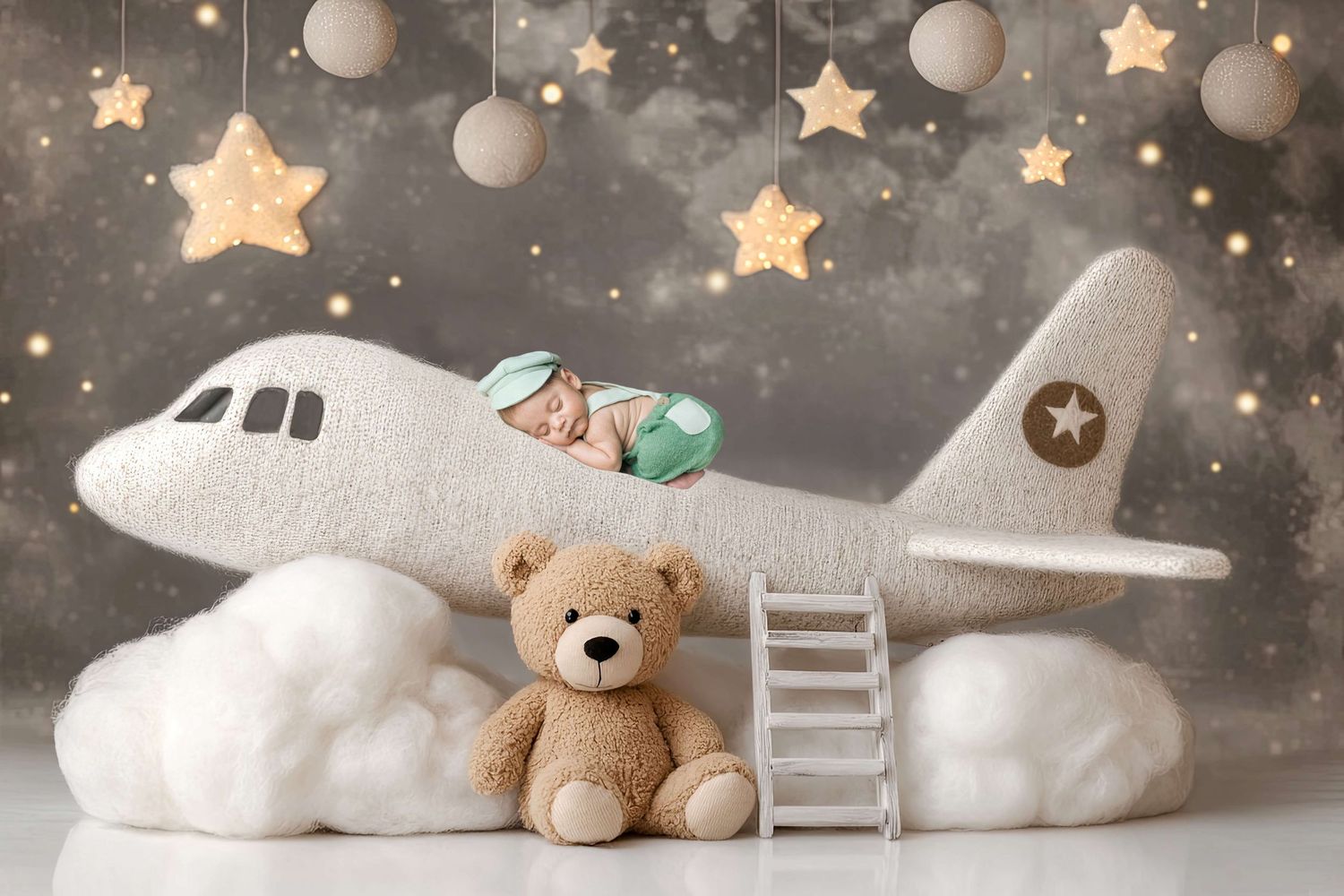 Newborn baby sleeping in a plush toy airplane with a teddy bear, stars, and clouds in a dreamy nursery photo.