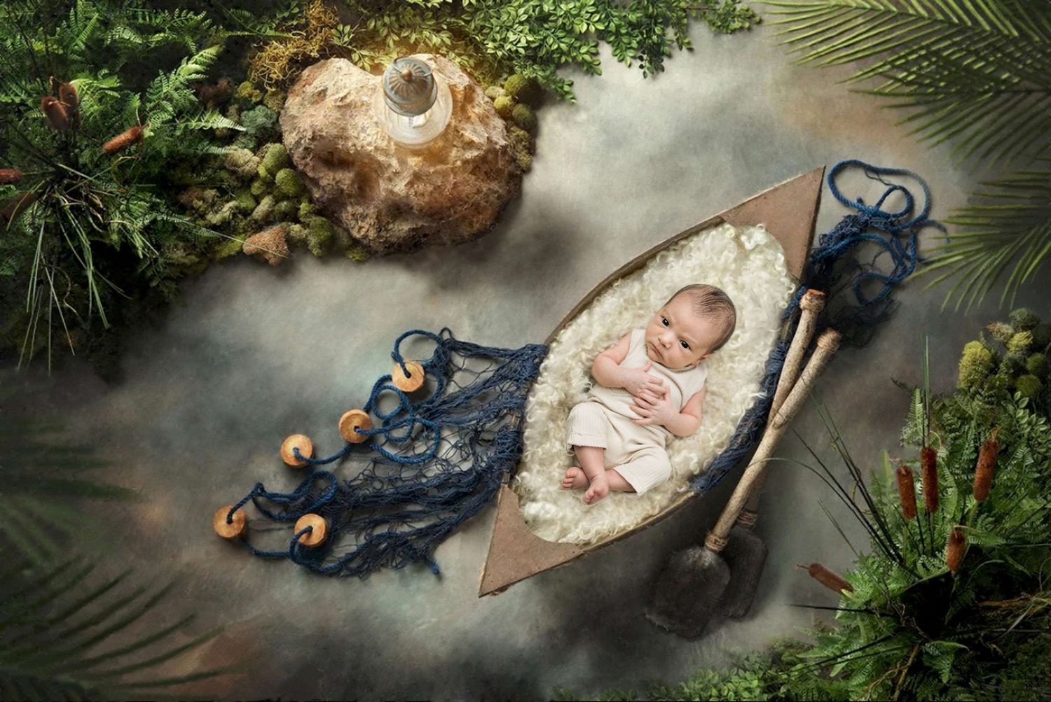 Newborn baby sleeping peacefully in a tiny wooden boat surrounded by lush greenery, fishing net, and a vintage lantern.