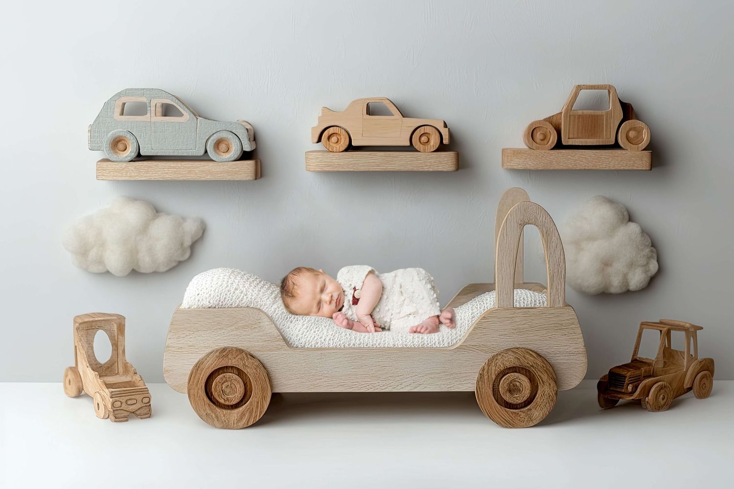 Newborn baby sleeping in a wooden toy car bed surrounded by toy cars and cloud decor.