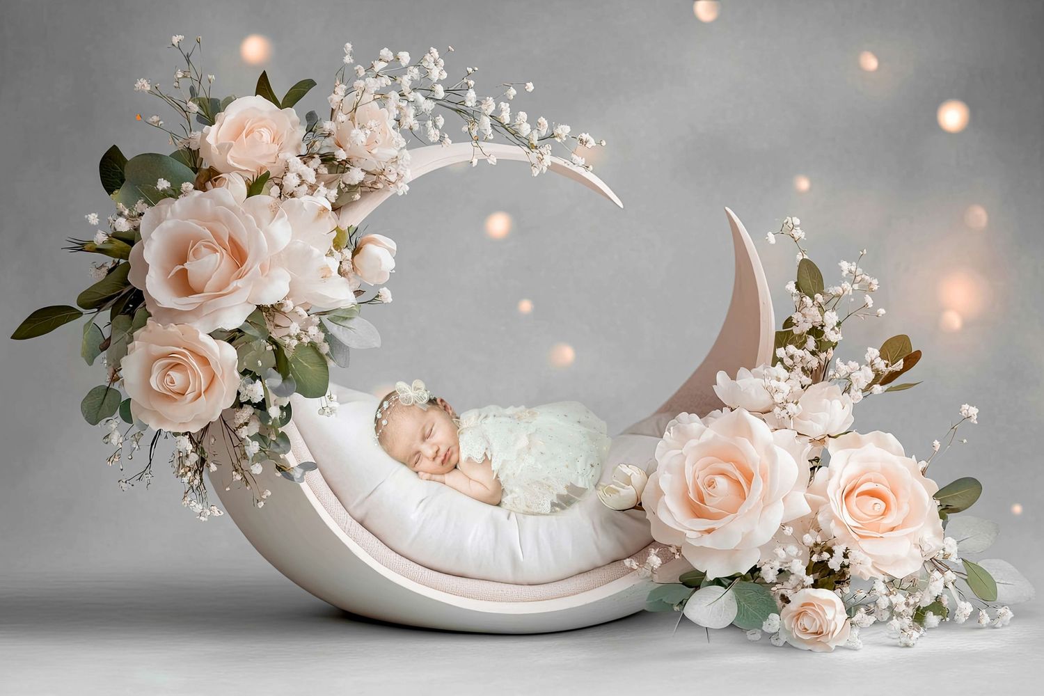Newborn baby sleeping peacefully on a crescent moon prop surrounded by soft pink roses and delicate white flowers.