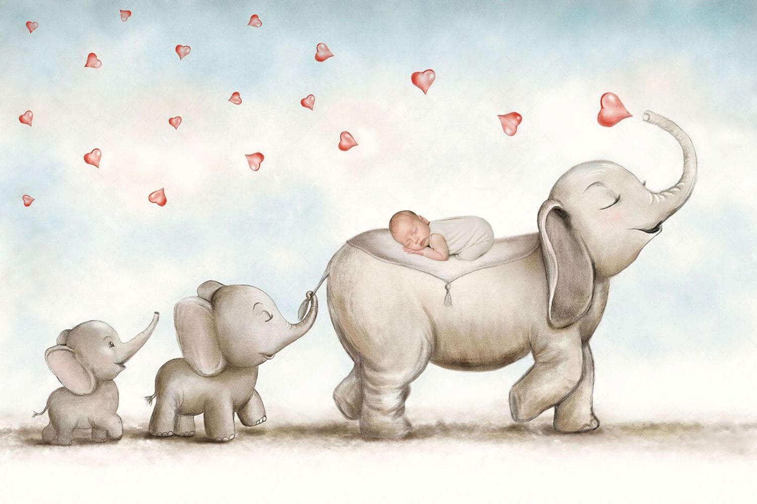 Whimsical illustration of three elephants with a sleeping baby, surrounded by floating red hearts on a soft blue background.