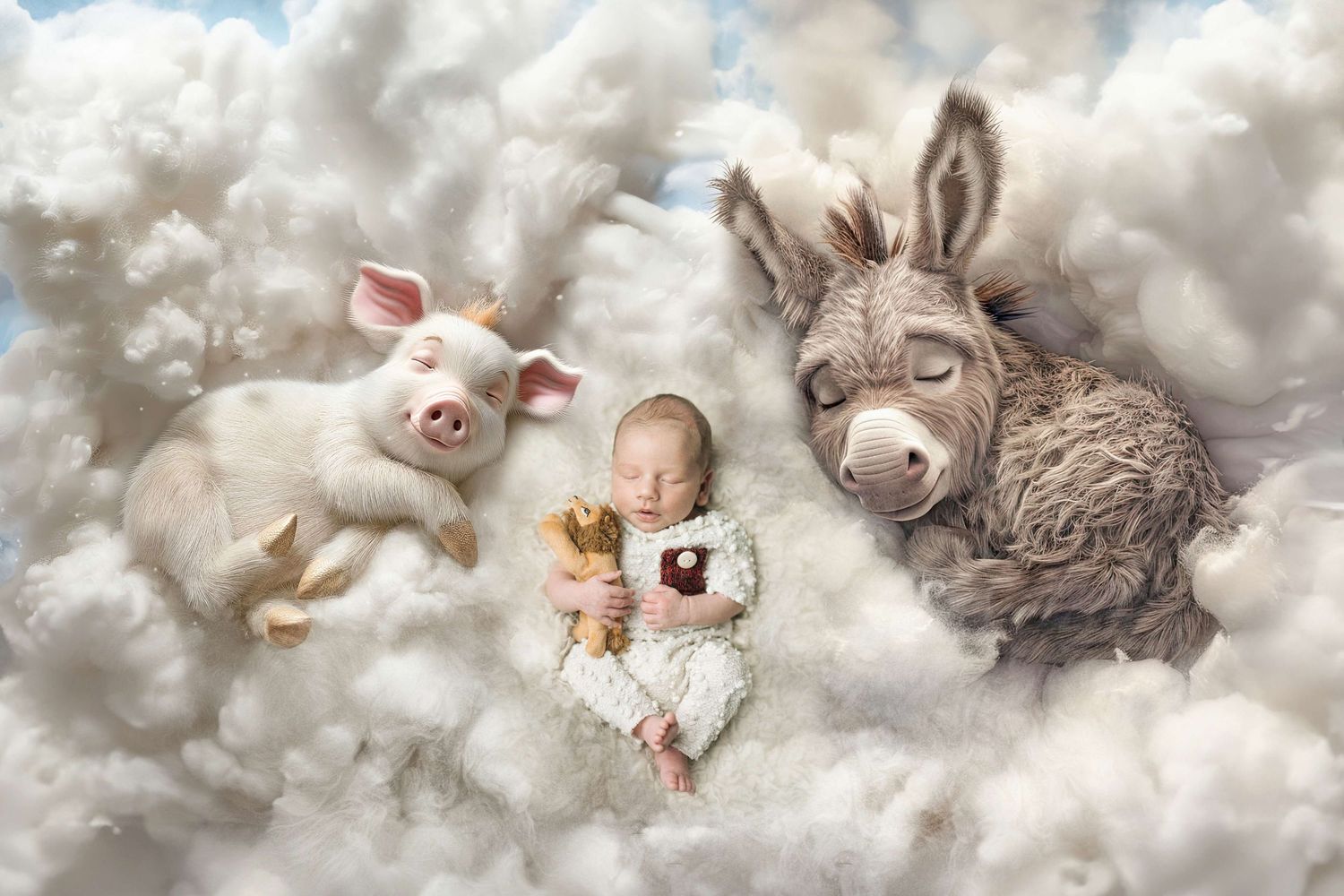 Newborn baby sleeping peacefully on fluffy clouds beside a cute pig and donkey stuffed animals in a dreamy fantasy photo.