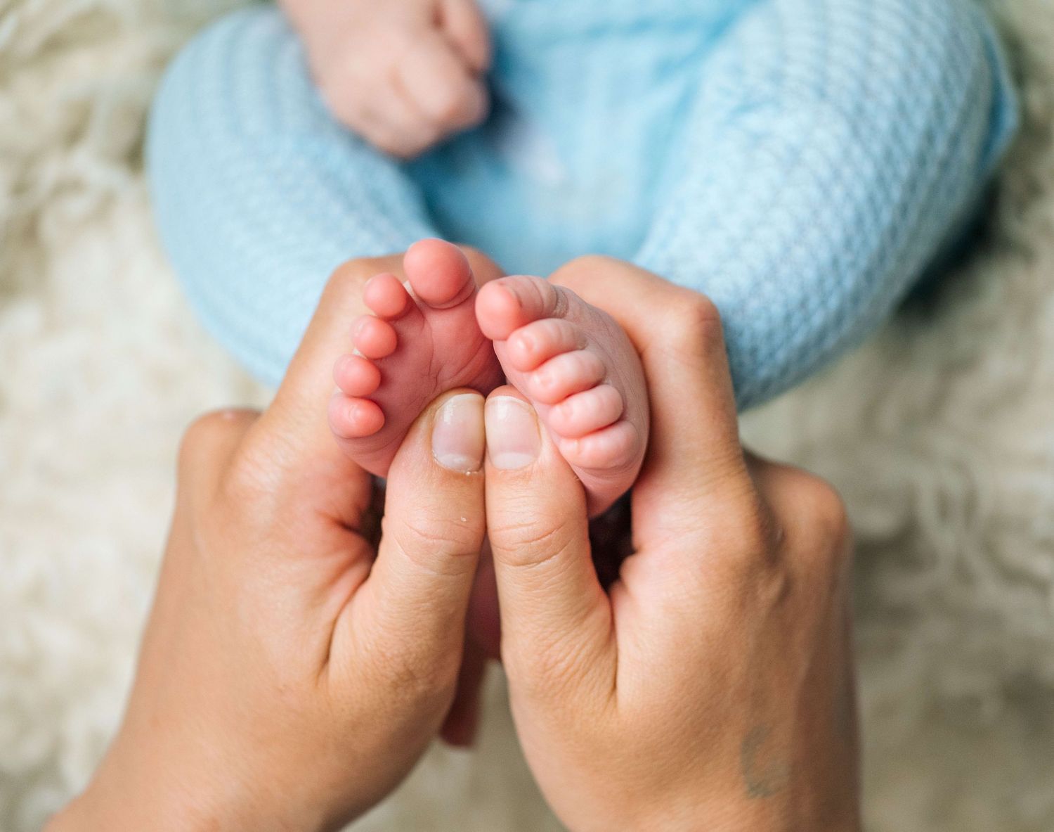 Adult hands gently cradling tiny newborn baby feet wrapped in a soft blue knit blanket on a white fur background.