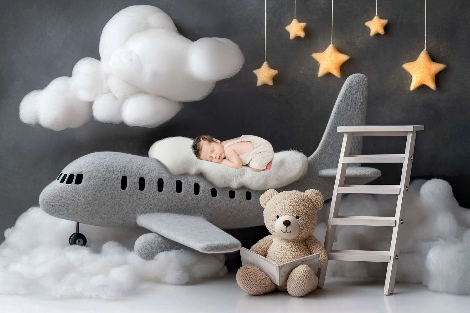 Baby sleeping on a plush airplane with teddy bear, fluffy clouds, and golden stars in a dreamy nursery setup.