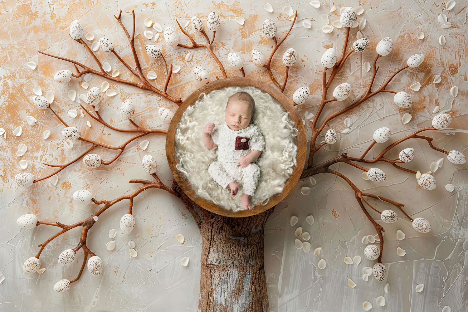 Newborn baby sleeping peacefully in a wooden bowl surrounded by a decorative white floral tree backdrop.