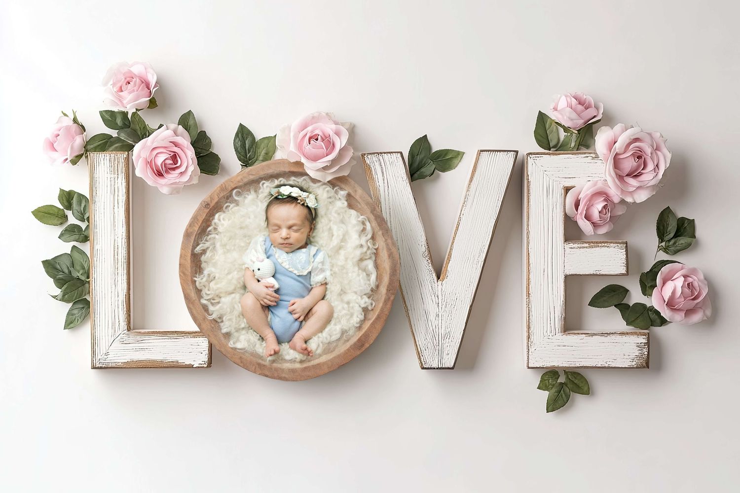 Sleeping newborn baby in wooden bowl nestled in LOVE letters decorated with pink roses on white background.