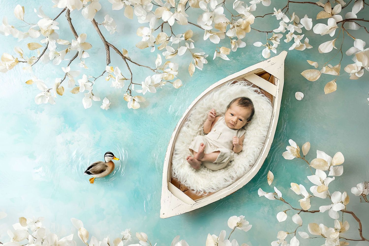 Newborn baby sleeping in a white wooden boat surrounded by white blossoms and a duck on a teal background.