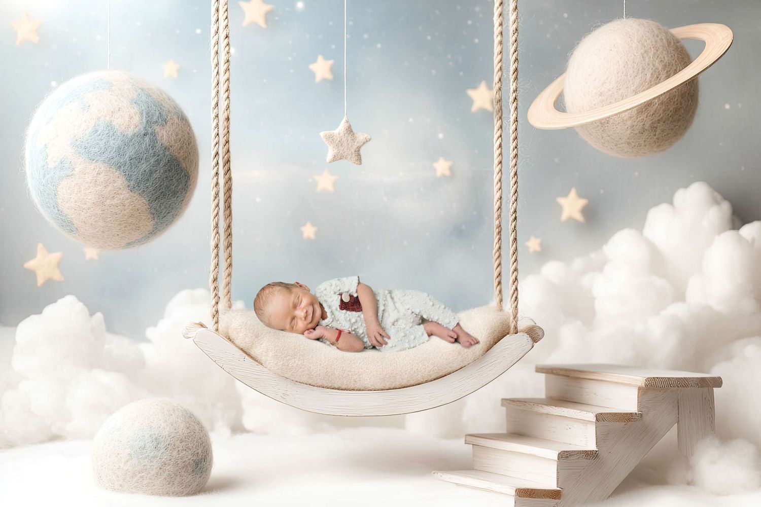 Newborn baby sleeping peacefully in a hanging hammock surrounded by planets, stars, and clouds in a dreamy celestial nursery.