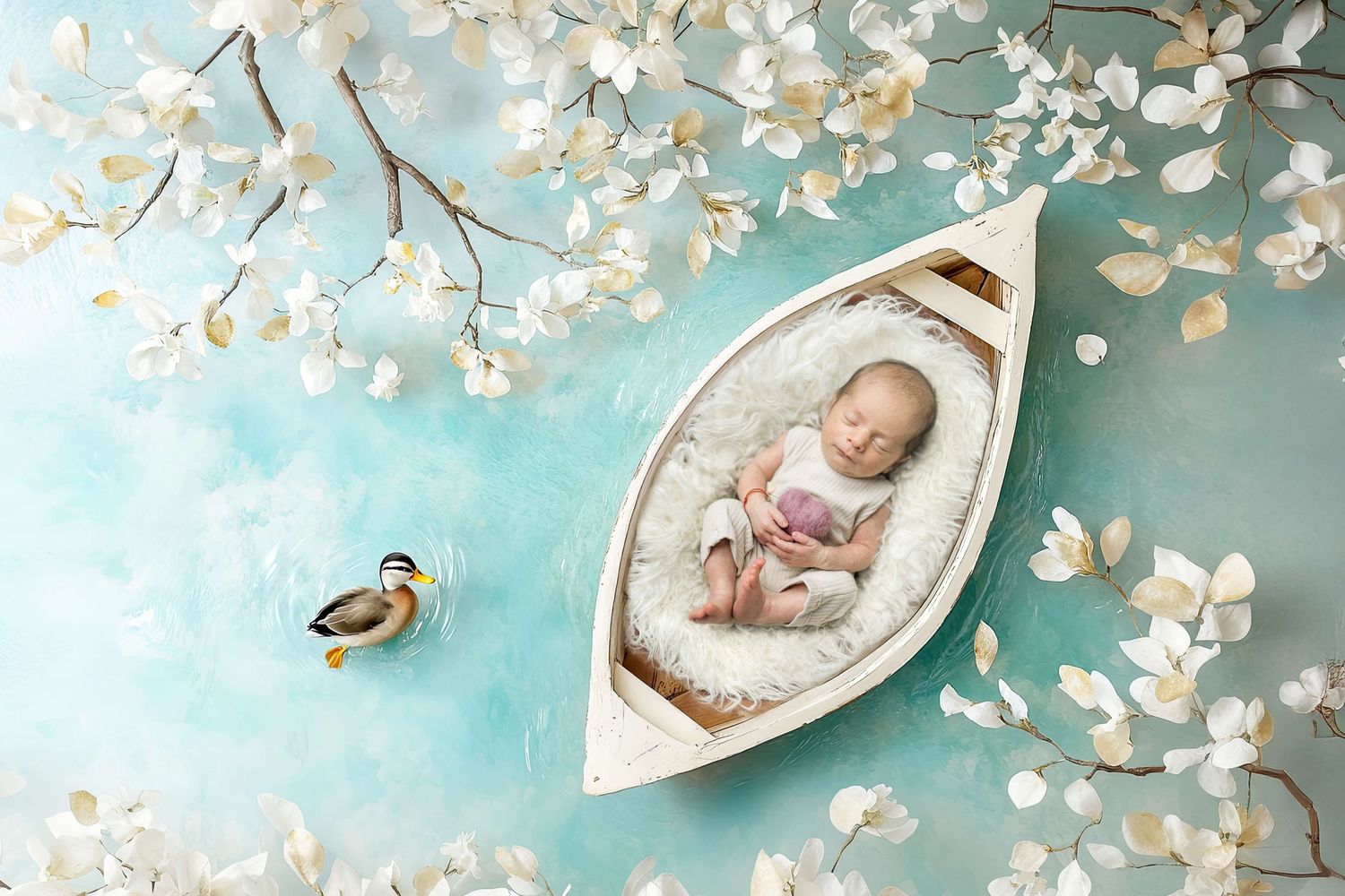 Newborn baby sleeping peacefully in a white boat surrounded by white flowers and a duck on a teal background.