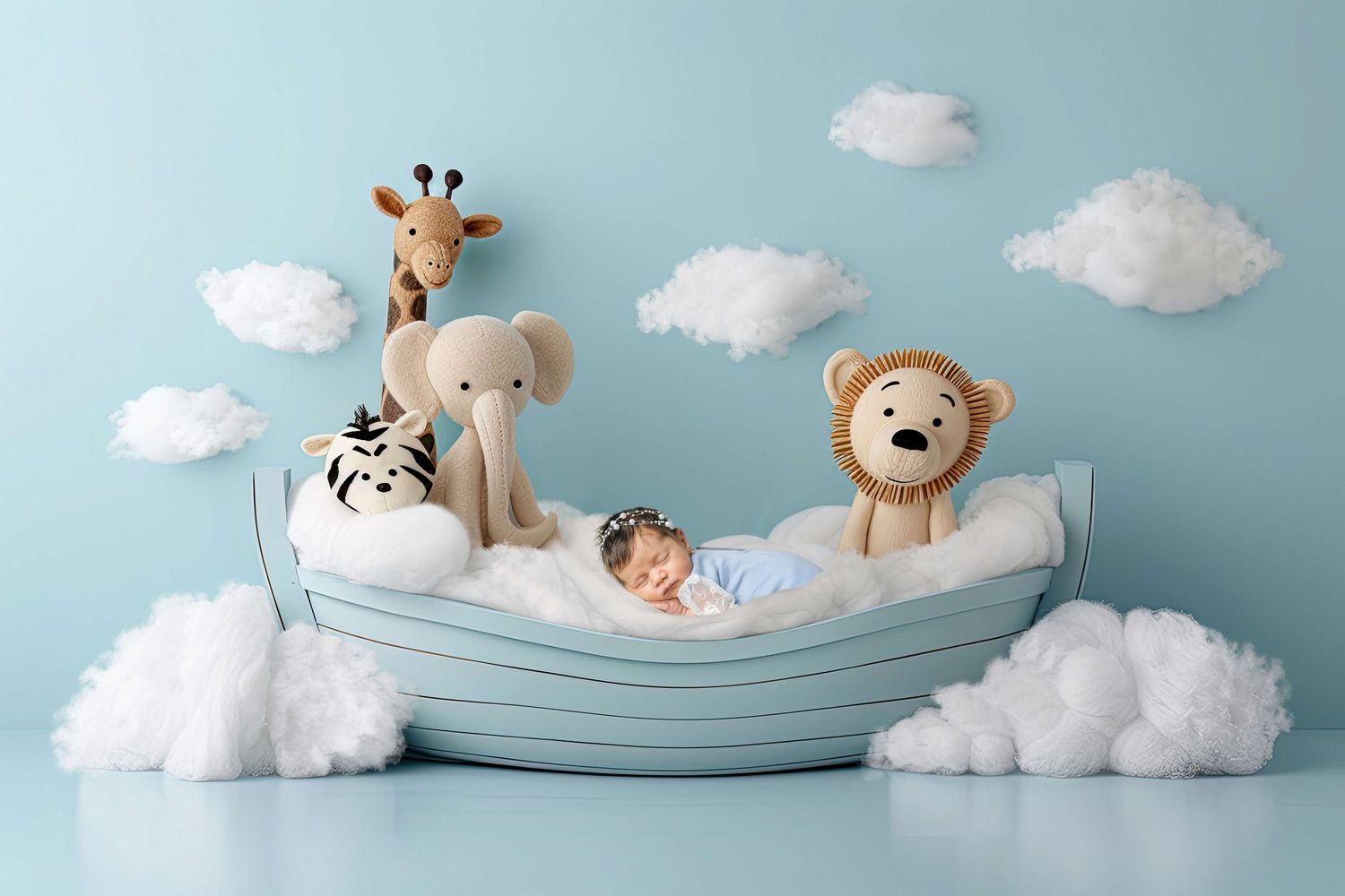 Newborn baby sleeping in a small boat with stuffed animal toys against a light blue background with clouds.