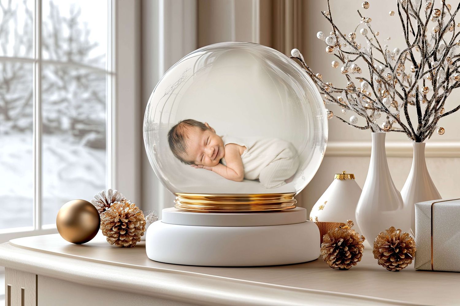 Newborn baby sleeping peacefully inside a decorative snow globe with gold accents, pine cones, and winter decor on a mantle.