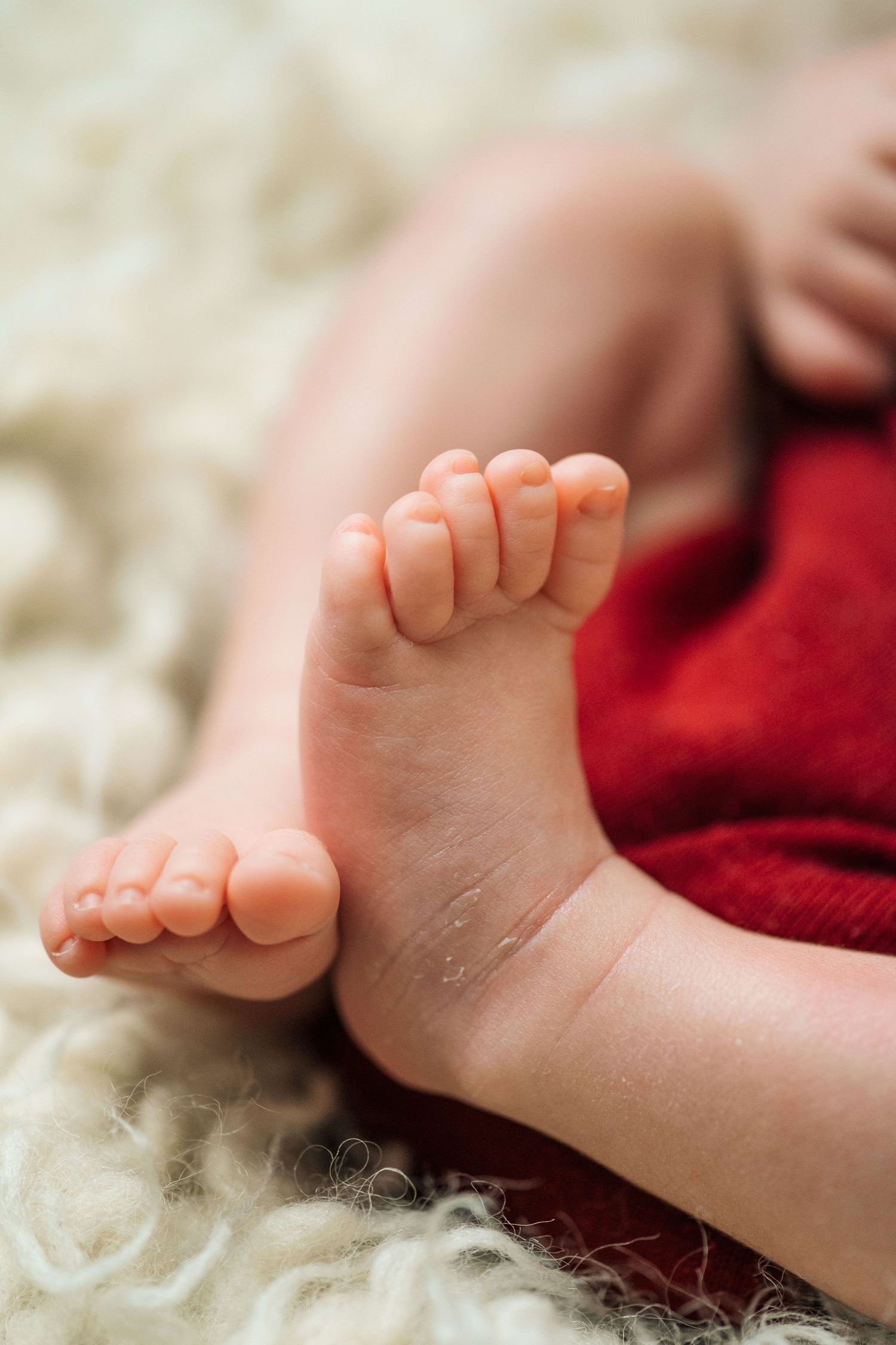 Close-up of tiny newborn baby feet resting on a soft white fluffy blanket with red fabric.