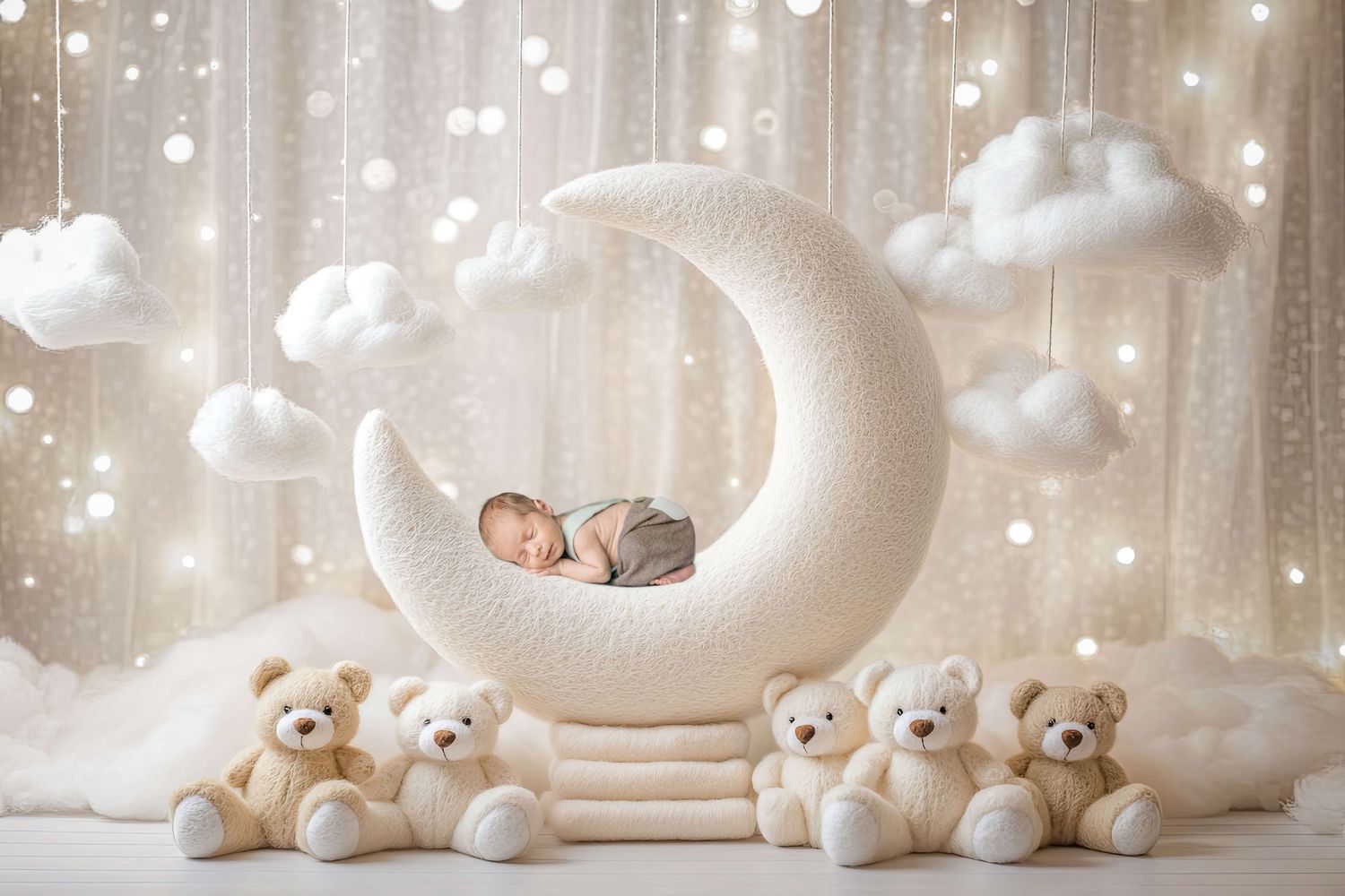 Newborn baby sleeping on a white crescent moon prop surrounded by teddy bears and glittering bokeh lights.