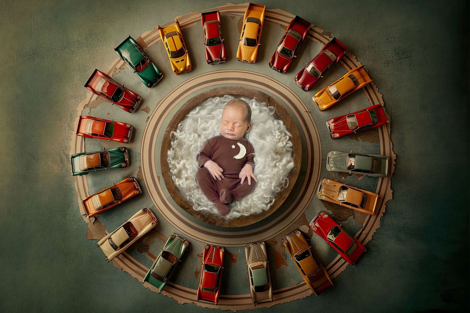 Newborn baby sleeping in a circular arrangement of colorful vintage toy cars on a soft white fluffy blanket.